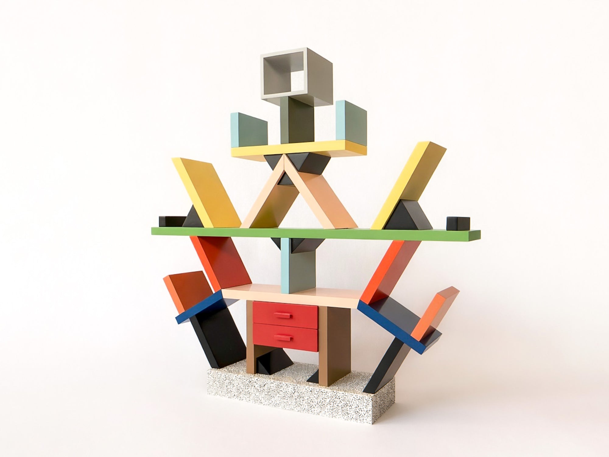 Colorful geometric bookshelf on a white background