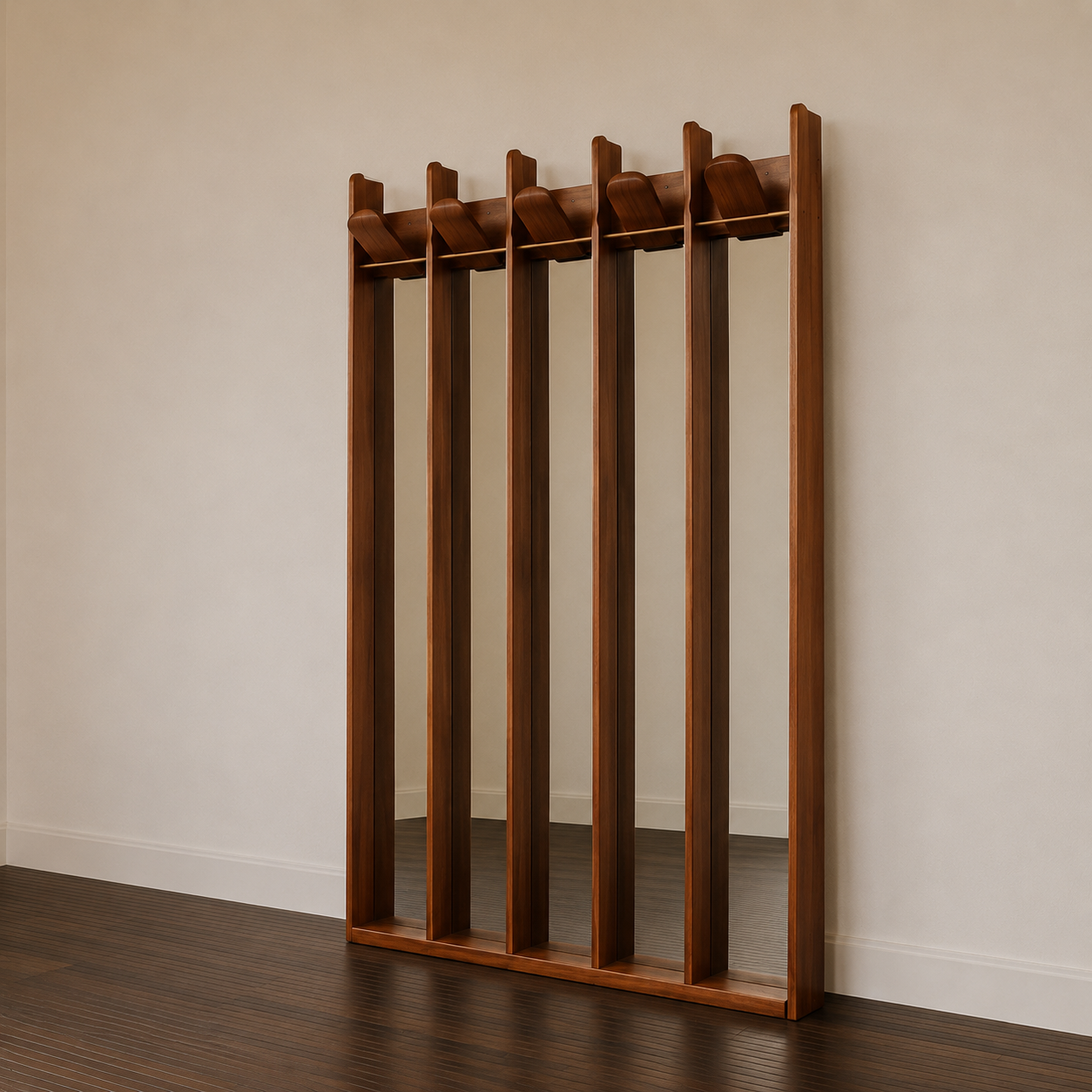 Wooden coat rack against a plain wall